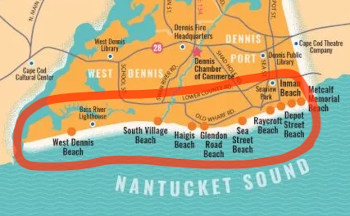 Map showing coverage from West Dennis Beach to the Belmont Hotel and everywhere in between.  Including West Dennis Beach, South Village Beach, Haigis Beach, Glendon Road Beach, Sea Street Beach, Raycroft Beach, Depot Street Beach, Inman Beach, Metcalf Memorial Beach, Bass River Lighthouse, Belmont Hotel, and much more.