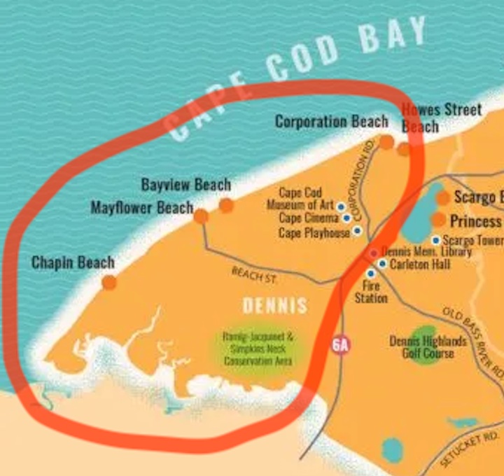 Map showing coverage from Corporation Beach to Chapin Beach and everywhere in between. Including Corporation Beach, Bayview Beach, Mayflower Beach, Cape Playhouse, Cape Cinema, Cape Code Museums of Art, and more.